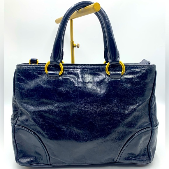 Prada Navy Blue Vitello Shine Medium 2way Shopping Tote Bag Preloved Purse - Picture 2 of 16